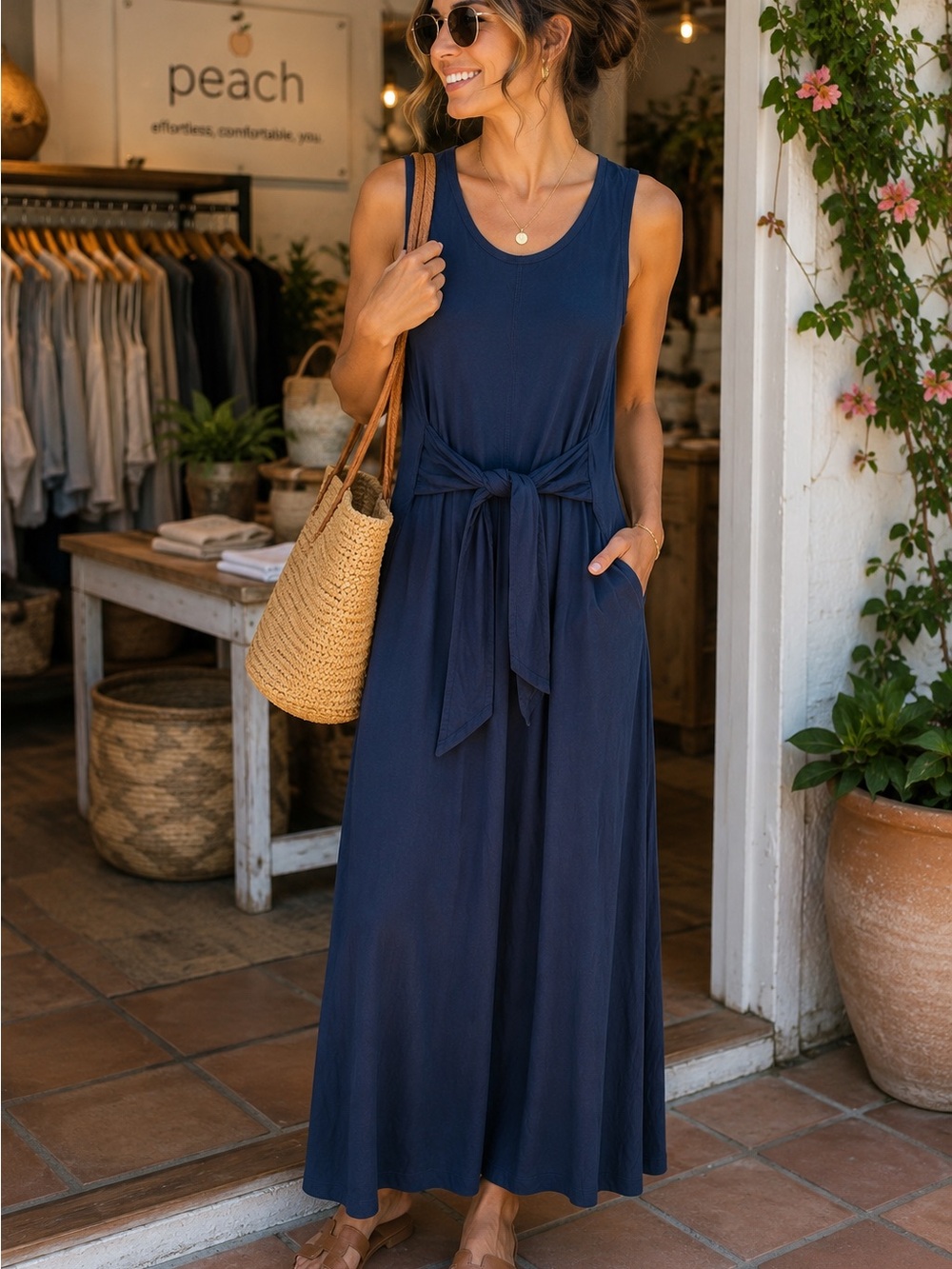 Peach Navy Tie-Front Sleeveless Maxi Dress